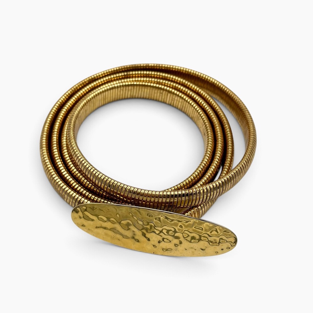 Vintage Gold Tone Hammered Oval Buckle Snake Chain Stretch Belt